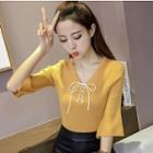 Plain Elbow-sleeve Lace-up Knit Top