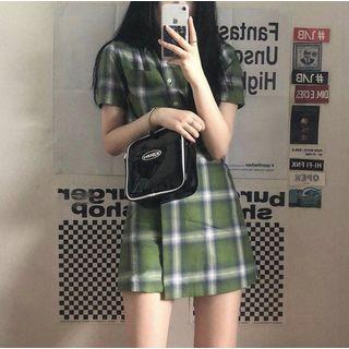 Set: Short-sleeve Plaid Shirt + A-line Skirt