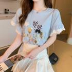 Short-sleeve Heart Print Ruffled T-shirt