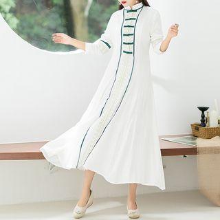 Long-sleeve Frog Buttoned A-line Midi Qipao Dress