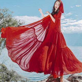 Hooded Jacket / Spaghetti Strap Midi A-line Lace Dress