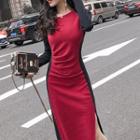 Color-block Crewneck Long-sleeve Panel Slim-fit Dress As Shown In Figure - One Size