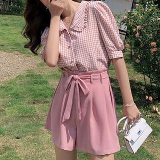 Set: Short-sleeve Plaid Blouse + Wide-leg Shorts