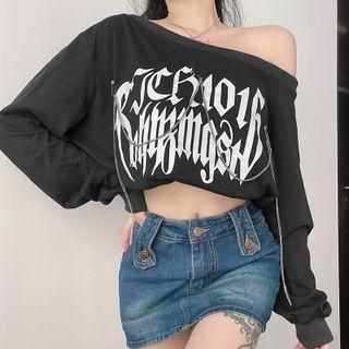 Long-sleeve Lettering One-shoulder Cropped T-shirt