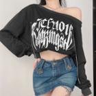 Long-sleeve Lettering One-shoulder Cropped T-shirt