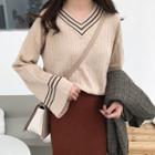 V-neck Bell-sleeve Knit Top As Shown In Figure - One Size