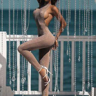 Halter-neck Open Back Glitter Jumpsuit