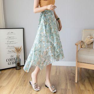 Floral Ruffle Hem Wrapped Midi A-line Skirt