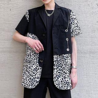 Short-sleeve Leopard Print Panel Blazer