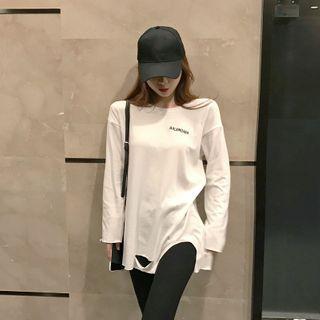 Printed Letter Ripped Long-sleeve Top White - One Size