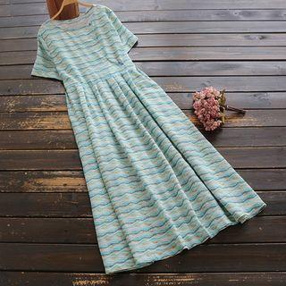 Short-sleeve Striped Maxi A-line Dress Stripe - Light Blue - One Size