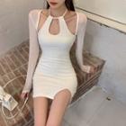 Halter-neck Mesh-sleeve Sheath Dress