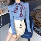 Leopard Bow Long-sleeve Slim-fit Knit Top / High-waist Slim-fit Skirt