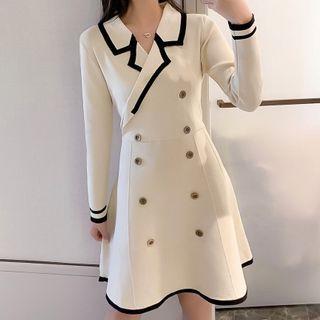 Long-sleeve Double Breasted Mini A-line Knit Dress