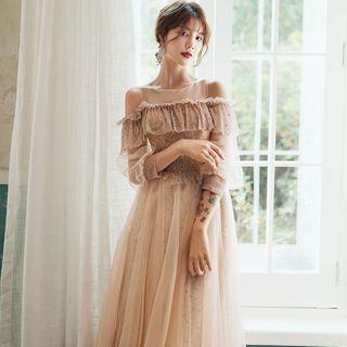 Cold-shoulder Embellished A-line Gown / Midi Prom Dress