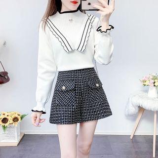 Set: Ruffled Knit Top + Check Shorts