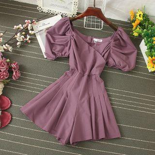 Puff-sleeve Plain Romper