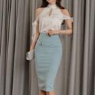 Set: Cutout Shoulder Short-sleeve Top + High Waist Pencil Skirt