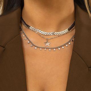Set Of 3: Star Fringed Alloy Necklace + Star Pendant Alloy Necklace + Alloy Choker