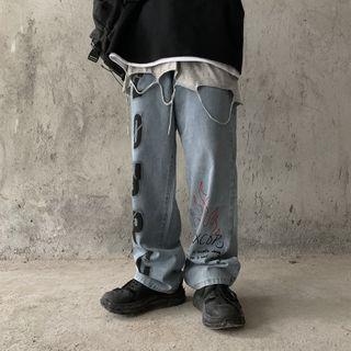 Fire Print Wide Leg Jeans