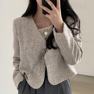 V-neck Plaid Woolen Cardigan Light Gray - One Size