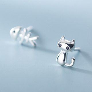Non-matching 925 Sterling Silver Cat & Fish Bone Earring 1 Pair - Silver - One Size