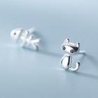 Non-matching 925 Sterling Silver Cat & Fish Bone Earring 1 Pair - Silver - One Size