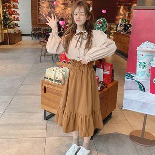 Long-sleeve Bow Accent Shirt / Midi A-line Skirt