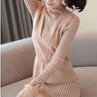 Long-sleeve Mock Neck Rib-knit Dress / V-neck Knit Vest