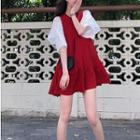 Set: Ruffled Elbow-sleeve Top + Bow-back Pinafore Dress