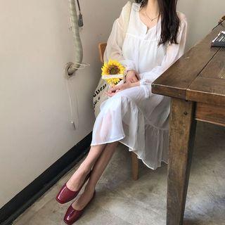 Plain Chiffon Long Sleeve Shift Dress White - One Size