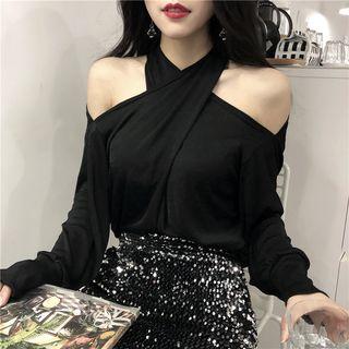 Cutout-shoulder Long-sleeve Halter Top