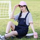 Short-sleeve Striped T-shirt / Cat Embroidered Jumper Shorts / Set