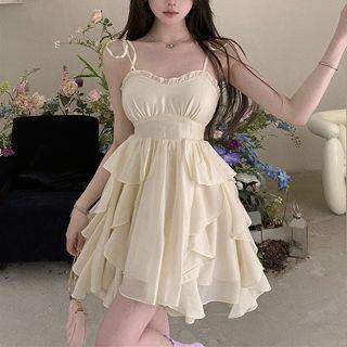 Spaghetti Strap Asymmetrical Ruffled A-line Dress / Cardigan