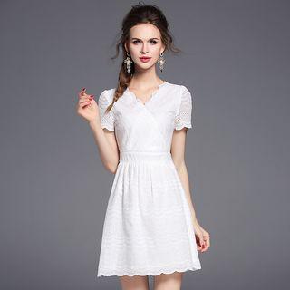 Eyelet Lace V-neck Short-sleeve A-line Dress