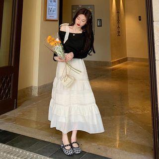 High-waist Plain Layered A-line Skirt