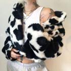 Fluffy Cow Print Cropped Jacket