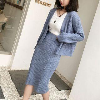 Set: Cable-knit Cardigan + Midi Knit Skirt
