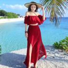 Set: Off-shoulder Short-sleeve Top + Side Slit Midi Skirt