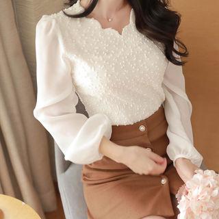 Scallop-neckline Chiffon-sleeve Textured Top