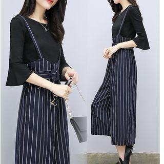 Set: Elbow-sleeve Top + Pinstripe Suspender Wide Leg Pants