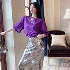 Elbow-sleeve T-shirt / Sequined Midi Straight-fit Skirt
