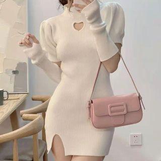Set: Short-sleeve Cutout Knit Dress + Arm Sleeves
