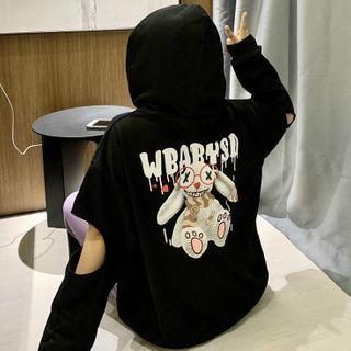 Elbow-cutout Rabbit Print Hoodie