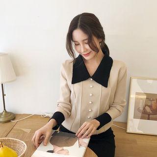 Contrast-collar Faux-pearl Buttoned Knit Top Beige - One Size