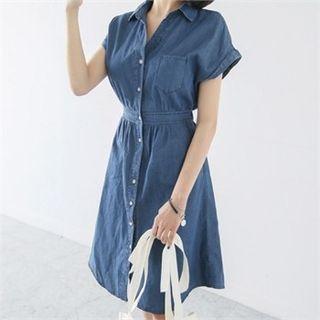 Short-sleeve Band-waist Denim Shirtdress
