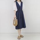 Set: Puff-sleeve Plain Blouse + Drawstring Denim Midi Overall Dress Set Of 2 - Blouse & Midi Dress - Denim Blue - One Size