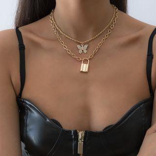 Butterfly & Lock Pendant Rhinestone Alloy Necklace