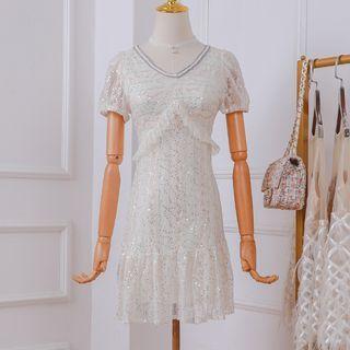 Sequined Lace Short-sleeve Mini A-line Dress