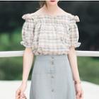 Off Shoulder Plaid Short-sleeve Blouse